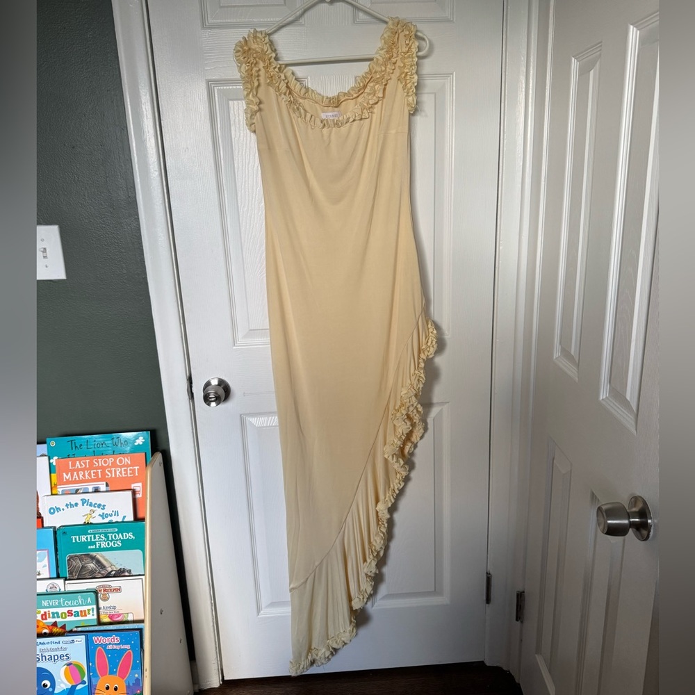 Meshki Pale Yellow Off-Shoulder Ruffle Midi Dress - Picture 9 of 12